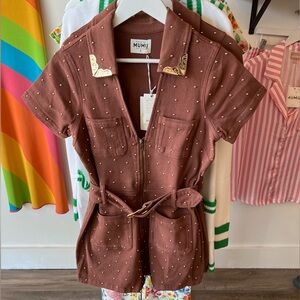 Show Me Your MuMu Brown Jumpsuit with Gold Accents